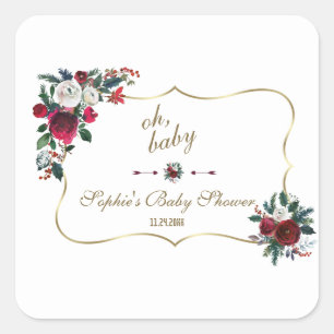 Sticker Carré Charme Hiver Bourgogne Floral Pine Gold BABY SHOWE