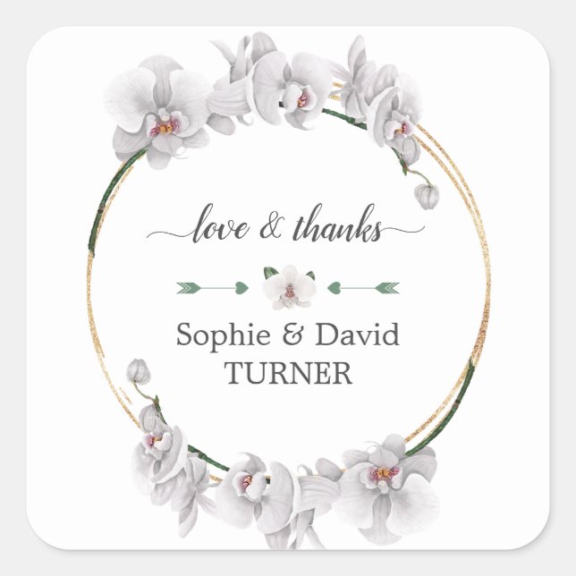 Sticker Carré Charme Luau Aquarelle Orchidée blanche Mariage or (Devant)