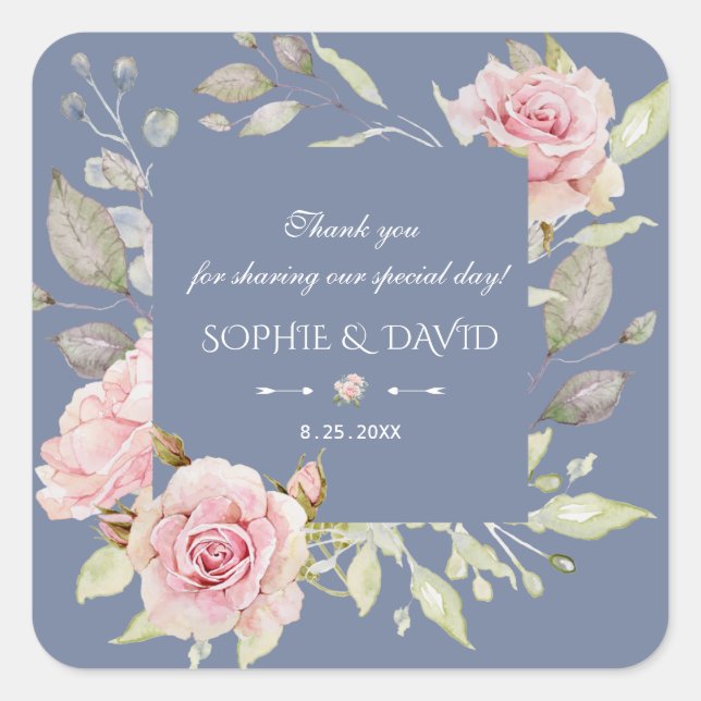 Sticker Carré Charme rose Floral Dusty Blue Mariage (Devant)