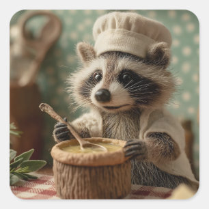 Sticker Carré Charming and Cute Raccoon Chef Stirring a Bowl