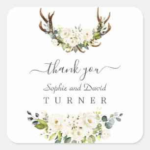 Sticker Carré Charming Aquarelle Fleurs blanches Antlers Mariage