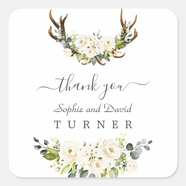 Sticker Carré Charming Aquarelle Fleurs blanches Antlers Mariage (Devant)