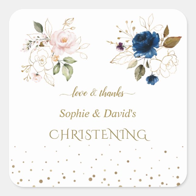 Sticker Carré Charming Rose Blue Gold Flowers Twins Christening (Devant)