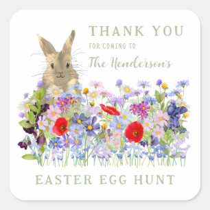 Sticker Carré Chasse aux oeufs floraux de lapin de Pâques Merci