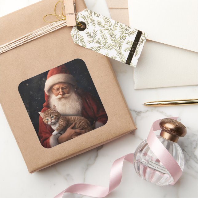 Sticker Carré Chat abyssinien avec Noël Festif du Père Noël (Cadeaux)