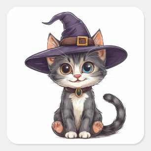 Sticker Carré Chat adorable avec un chapeau de sorcière