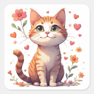 Sticker Carré Chat Adorable Et Heureux Avec Des Cœurs Et Des Fle