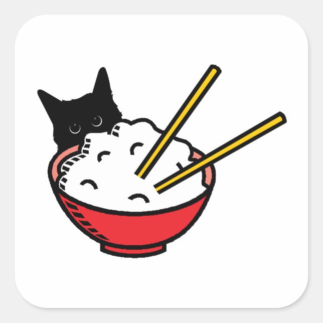 Sticker Carré Chat aime le riz (Devant)