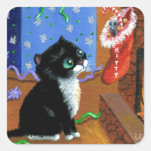 Sticker Carré Chat amusant Noël Tuxedo Kitten souris