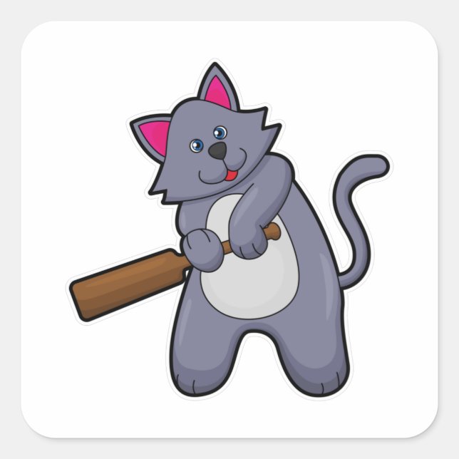Sticker Carré Chat au cricket avec chauve-souris de cricket (Devant)
