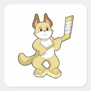 Sticker Carré Chat au hockey sur glace avec bâton de hockey sur