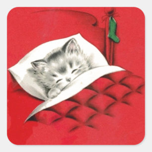 Sticker Carré Chat au lit à Noël