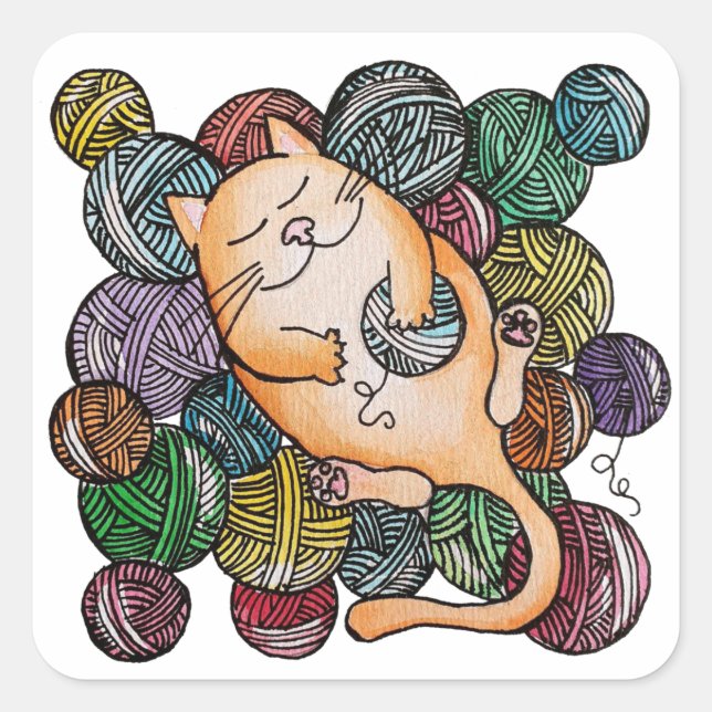 Sticker Carré Chat avec balle de fils amusant dessin animé (Devant)