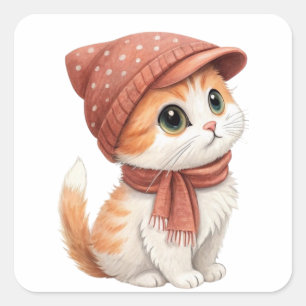 Sticker Carré Chat Avec Casquette Et Écharpe, Couleur Pastel