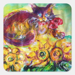 STICKER CARRÉ CHAT AVEC RIBBON ROUGE ET SOUFFRES