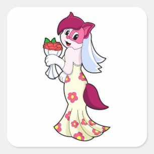 Sticker Carré Chat avec robe Mariage & Bund de Fleur