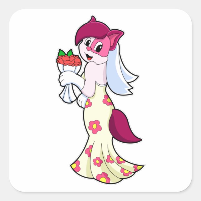 Sticker Carré Chat avec robe Mariage & Bund de Fleur (Devant)