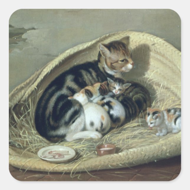 Sticker Carré Chat avec ses chatons dans un panier, 1797 (Devant)