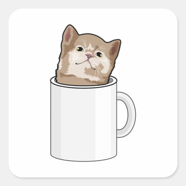 Sticker Carré Chat avec tasse de café (Devant)