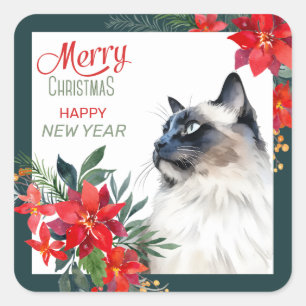 Sticker Carré Chat balinais Poinsettia frontière Noël