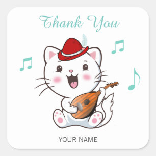 Sticker Carré Chat Bard Musical avec Mandolin Merci Carré St