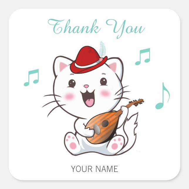 Sticker Carré Chat Bard Musical avec Mandolin Merci Carré St (Devant)