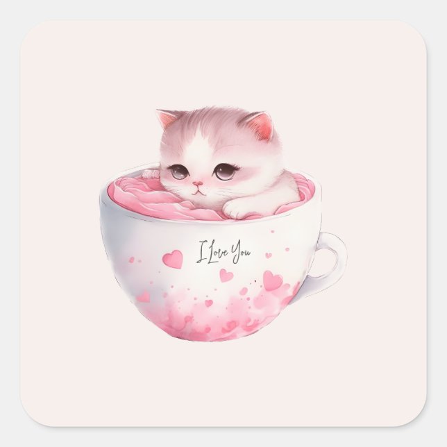 Sticker Carré Chat blanc-rose mignonne dans une tasse de thé (3) (Devant)