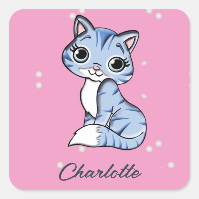 Sticker Carré Chat bleu mignon sur nom personnalisé rose (Devant)
