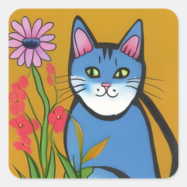 Sticker Carré Chat Bleu Whimsical avec Art Folk Fleur Rose (Devant)