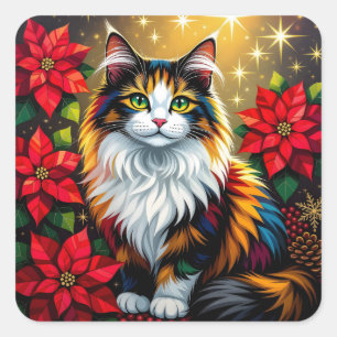 Sticker Carré Chat calicot, poinsettias rouges et or Noël