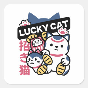 Sticker Carré Chat Chanceux Maneki Neko – Chat de Fortune Japona