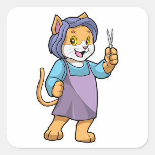 Sticker Carré Chat coiffeur avec ciseaux