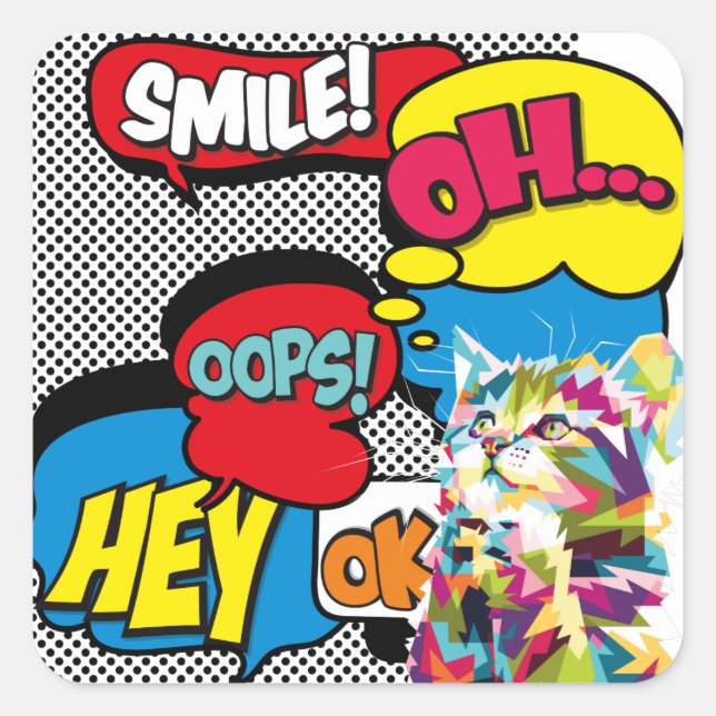 Sticker Carré Chat coloré Comic Hope Iconic Pop Art (Devant)