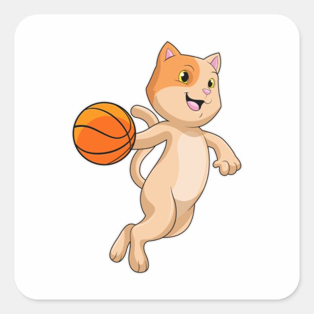 Sticker Carré Chat comme joueur de basket-ball avec basket-ball (Devant)