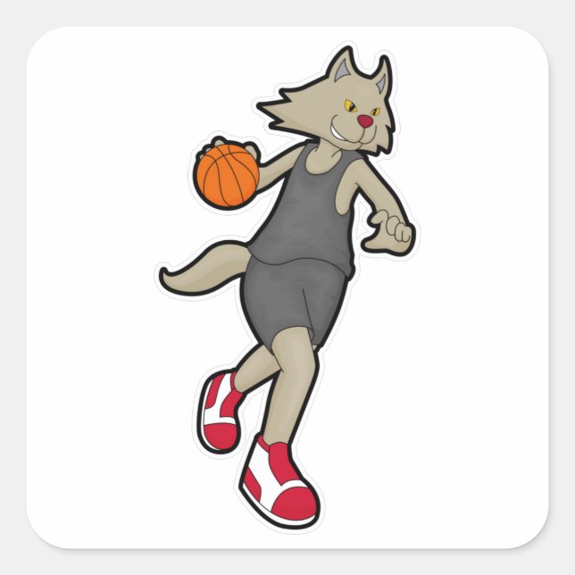 Sticker Carré Chat comme joueur de basket-ball avec basket-ball (Devant)