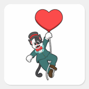 Sticker Carré Chat comme marié avec ballon en forme de cœur
