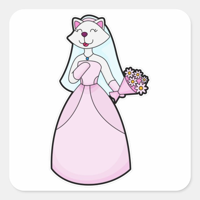 Sticker Carré Chat comme Mariée avec Bunch of Flowers (Devant)