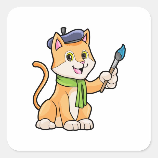 Sticker Carré Chat comme Peintre avec pinceau et écusson (Devant)