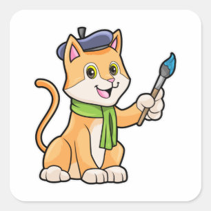 Sticker Carré Chat comme Peintre avec pinceau et écusson