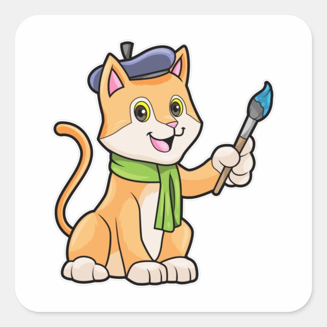 Sticker Carré Chat comme Peintre avec pinceau et écusson (Devant)
