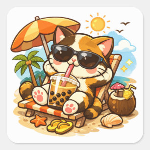 Sticker Carré Chat Cool sur une Chaise de Plage   Vibe d'Été pou