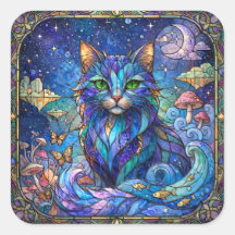 Chat Cosmique Vitrail Surréaliste Yeux Bleus Verts