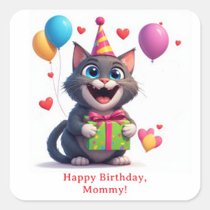 Sticker Carré Chat d'anniversaire avec cadeau et grands yeux 🎁