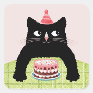 Sticker Carré Chat d'anniversaire avec gâteau d'anniversaire et 