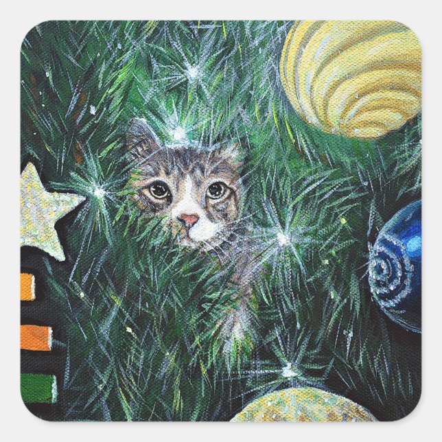 Sticker Carré Chat dans la peinture de l'arbre de Noël (Devant)