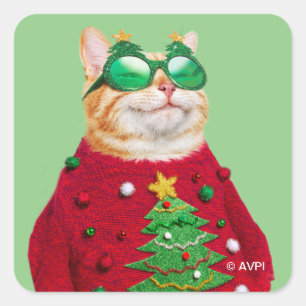 Sticker Carré Chat dans un pull de Noël moche