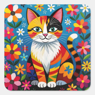 Sticker Carré Chat d'art populaire Boho, Fleurs & Papillon