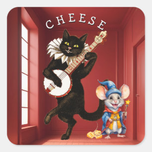Sticker Carré Chat de danse mignonne avec guitare et ami de la s