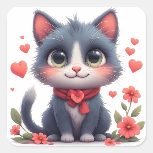 Sticker Carré Chat de dessin animé heureux avec des fleurs et de
