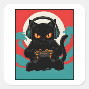 Sticker Carré Chat de gamer drôle Rétro Casque Contrôleur Nuit